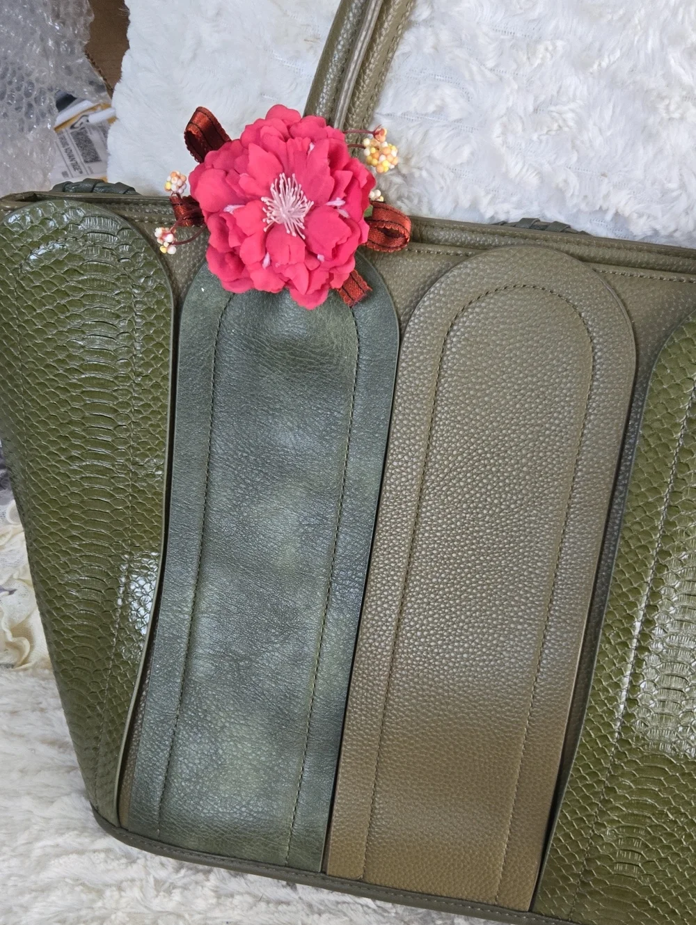 Catio Olive Green Panel Tote Bag with Floral Accent